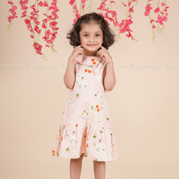 Cherry Bloom – Pastel Pink Cotton Dress with Fruity Floral Print