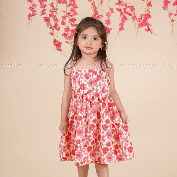 Ruby Bloom – Red Floral Cotton Midi Dress for Girls