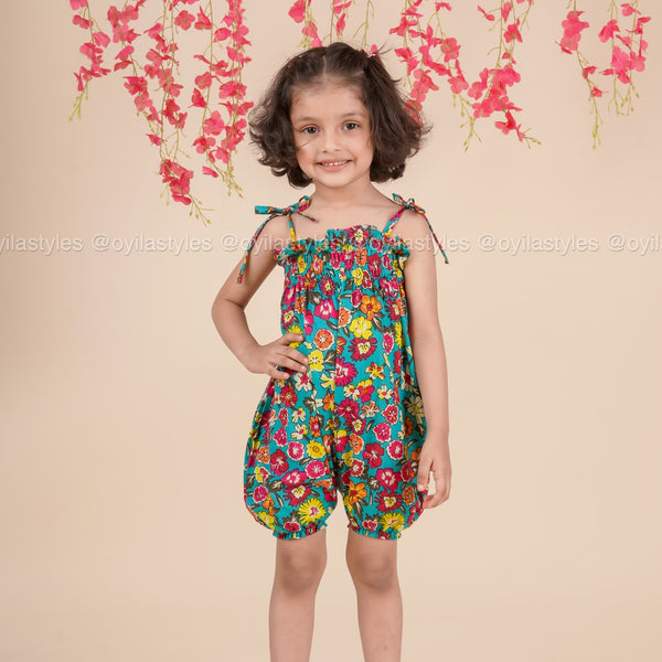 Tropic Bloom – Floral Cotton Tie-Up Romper for Girls