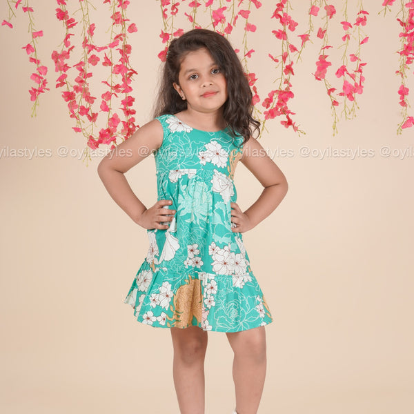 Teal Garden Twirl – Sleeveless Floral Cotton Dress for Girls