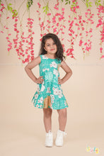 Teal Garden Twirl – Sleeveless Floral Cotton Dress for Girls