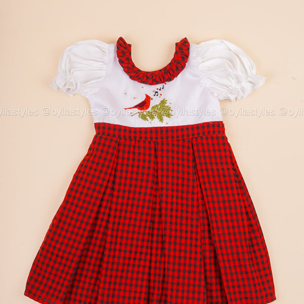 Cardinal Joy - Hand Embroidered Christmas Frock