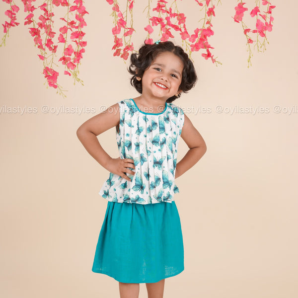 Butterfly Breeze – Pleated Top & Skirt Cotton Set for Girls
