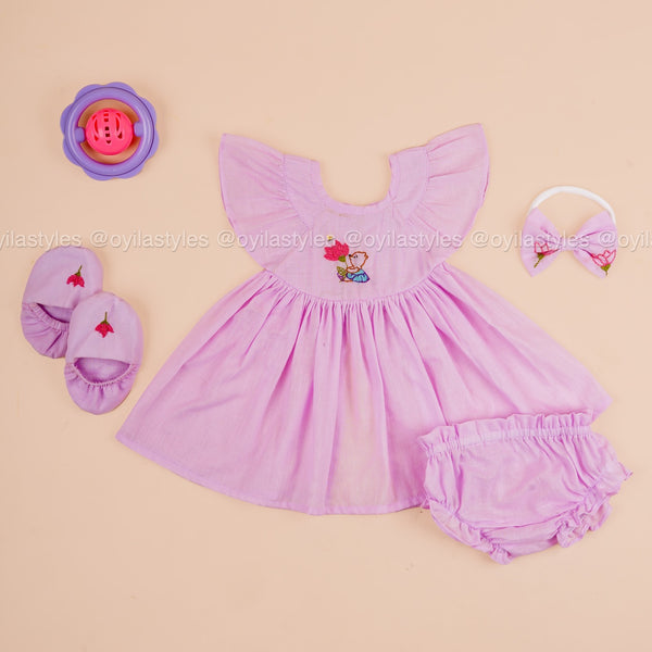 Anaya – Lavender Baby Dress Set with Hand-Embroidered Teddy