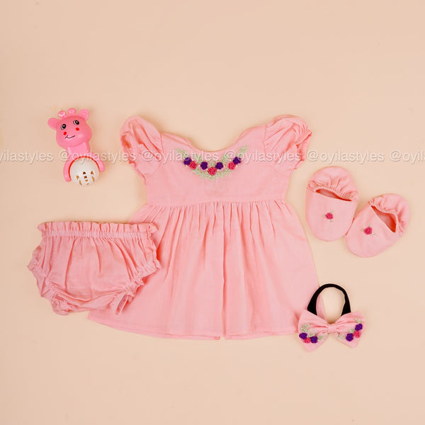 Kani – Peach Baby Dress Set with Floral Embroidery