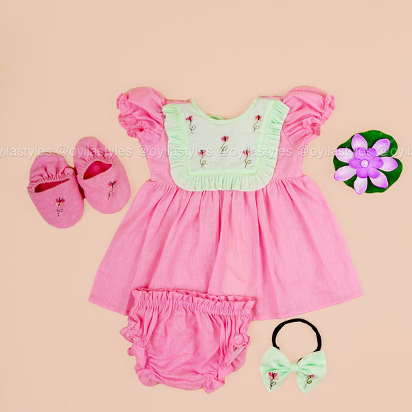 Malar – Pink Dress Set with butterflies Embroidered Mint Yoke