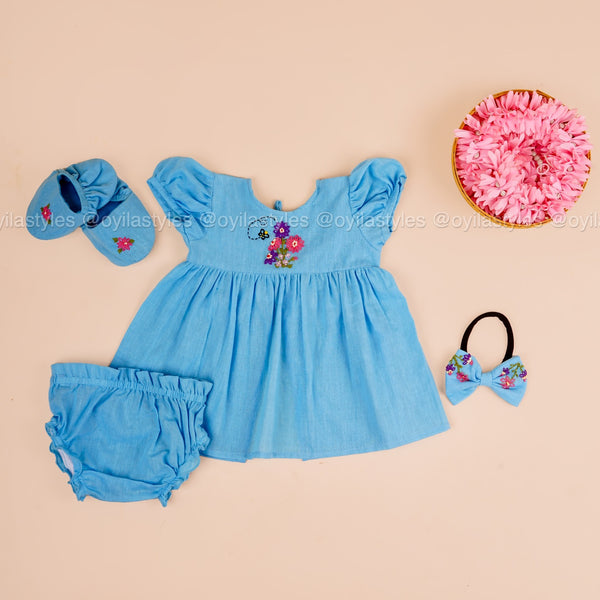 Poovai – Sky Blue Baby Dress Set with Bee & Floral Embroidery